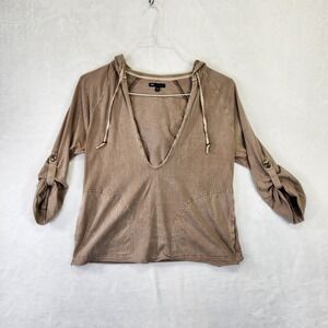 Gap Women Tan Washed Hooded Pullover Roll Tab Sleeve Shirt‎ Size S